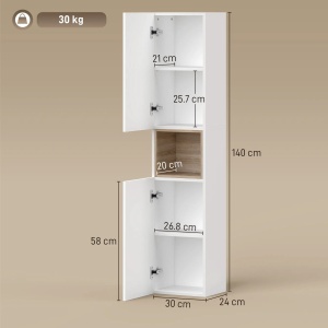 Dulap de baie cu 2 usi si rafturi reglabile, MDF, 30x24x140 cm, spatiu deschis, capacitate 30kg, alb/natur - Verificat A · Re-Bloom - Img 3