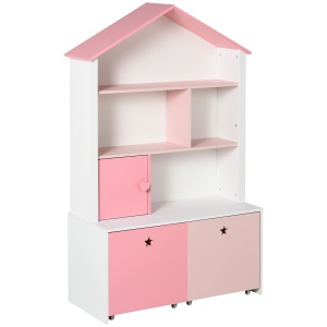 Dulap depozitare jucarii copii 80x34x130 cm, MDF P2, 4 rafturi, 2 sertare cu roti, alb/roz - Verificat A · Re-Bloom - Img 2