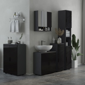 Dulap inalt baie ingust 30x30x183 cm, 2 rafturi deschise, 2 dulapuri reglabile, PAL melamina, anti-rasturnare, negru/gri inchis - Verificat A · Re-Bloom - Img 3