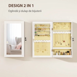 Dulapior oglinda pentru bijuterii montabil pe perete, MDF, 36.5x9.5x67 cm, oglinda 27.8x58.3 cm, 2 chei, capacitate 5kg, alb - Verificat A · Re-Bloom - Img 6