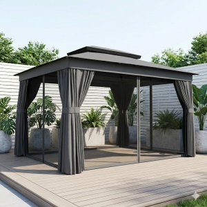 Foisor de gradina cu 2 niveluri, plasa tantari si perdele, 380x300x270 cm, acoperis UPF30+, coloane metal vopsit electrostatic, gri inchis - Verificat A · Re-Bloom - Img 2