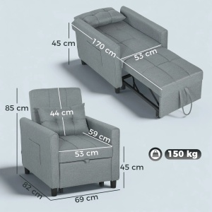 Fotoliu extensibil cu spatar reglabil, otel/lemn eucalipt/spuma/poliester, fotoliu 69x82x85cm, extensibil la pat 53x170x45cm, perna 50x33x8cm, capacitate 150kg, gri deschis - Verificat A · Re-Bloom - Img 3