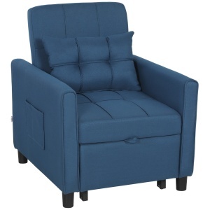 Fotoliu reclinabil Re-Bloom, textil efect in/otel/eucalipt/spuma, fotoliu 69x82x85 cm, pat 53x170x45 cm, perna inclusa, 150 kg, albastru - Verificat A · Re-Bloom