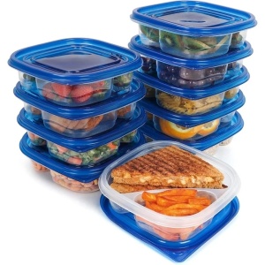 Freshly Contained set 10 caserole alimentare 17x17x4.9 cm, 2 compartimente, 620 ml, polipropilena, fara BPA, capace etanse, albastru/transparent - Verificat A · Re-Bloom