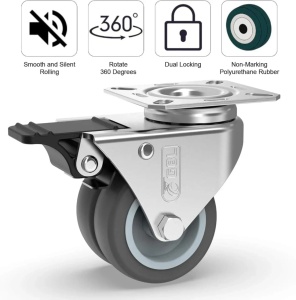 GBL set 4 roti duble pivotante 360°, TPR cauciuc termoplastic, Ø50mm, inaltime 70mm, 400kg, sistem franare, placa montare 70x50mm, gri - Verificat A · Re-Bloom - Img 6