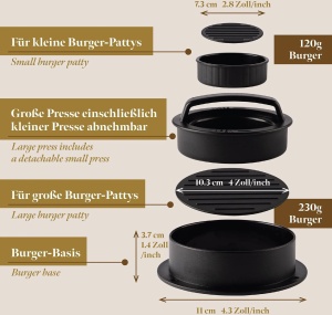 GOURMEO presa burger 3in1, chiftele mari Ø10.3cm/230g + mici Ø7.3cm/120g + umplute, placa baza detasabila, antiaderenta, 50 coli hartie incluse, negru - Verificat A · Re-Bloom - Img 5