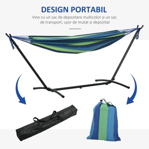 Hamac suspendat cu suport Re-Bloom, bumbac sintetic/metal, negru/verde/albastru, 310 x 117 x 105 cm, Resigilat, Grad A - Img 6