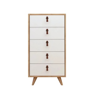 Hanah Home comoda dormitor 50x40x103 cm, 5 sertare, PAL 18mm, manere piele PU, picioare lemn, stejar/alb - Verificat A · Re-Bloom