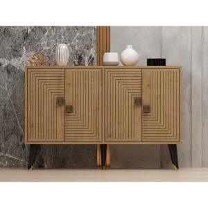 Hanah Home comoda living 120x80x50 cm, PAL 18mm, usi cu model geometric, picioare metal, stejar safir si auriu - Verificat A · Re-Bloom - Img 4