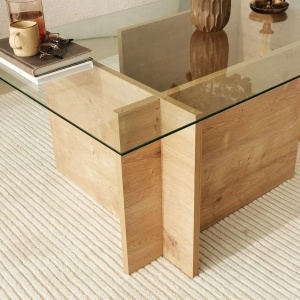 Hanah Home masa de cafea, sticla temperata/ lemn masiv, 105 x 65 x 40 cm, stejar safir - Verificat A · Re-Bloom - Img 4