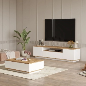 Hanah Home set mobilier living, comoda TV 180x44.6x44.5 cm + masuta cafea 90x28.6x60 cm, PAL 18mm, pin atlantic si alb - Verificat A · Re-Bloom - Img 5