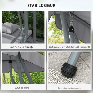 Leagan de gradina cu copertina reglabila si suport pahare Re-Bloom, otel/poliester, 200x120x164 cm, sezut 160x50 cm, pat 160x100 cm, 340 kg, gri - Verificat A · Re-Bloom - Img 5