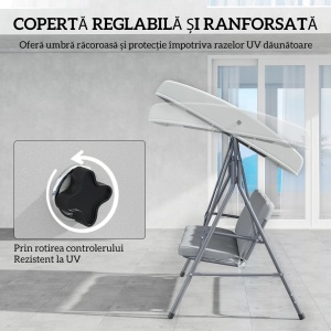 Leagan de gradina pentru 3 persoane Re-Bloom, otel/poliester, 172x110x156 cm, acoperis reglabil 168x110 cm, perne incluse, 210 kg, gri deschis - Verificat A · Re-Bloom - Img 6