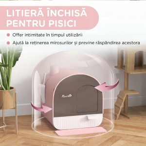 Litiera pisici inchisa cu filtre, lopatica, tavita detasabila, mat nisip, PP, 43x44x47cm, Roz/Gri - Verificat A · Re-Bloom - Img 5