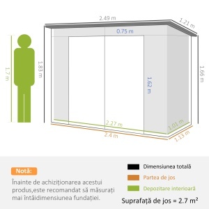 Magazie de depozitare pentru gradina Re-Bloom, otel galvanizat, 249x121x166-183 cm, usa 150x162 cm, aerisiri, rating zapada 30 kg/m², gri - Verificat A · Re-Bloom - Img 3