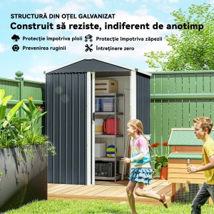 Magazie de gradina cu usa glisanta Re-Bloom, otel galvanizat, 136x87x179 cm, usa 56x155 cm, rating zapada 20 kg/m², gri inchis - Verificat A · Re-Bloom - Img 3