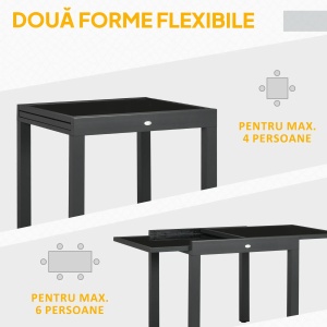 Masa gradina extensibila, blat sticla, aluminiu, 80-160x80x75cm, Negru - Verificat A · Re-Bloom - Img 4