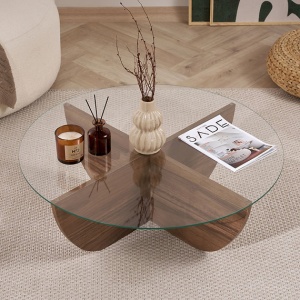 Masuta cafea Liya, blat sticla securizata + rama PAL melaminat 18mm, 90x90x30 cm, maro/transparent - Verificat A · Re-Bloom - Img 3