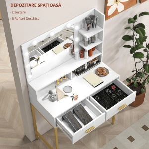 Masuta de machiaj cu oglinda LED si scaun Re-Bloom, MDF/PAL/sticla, alb/natur, 80 x 40 x 138 cm, Resigilat, Grad A - Img 5