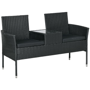 Mobilier de terasa 2 locuri Re-Bloom, ratan PE/otel/sticla/poliester, 135x64x81 cm, masa integrata, 2 perne incluse, 120 kg/loc, negru - Verificat A · Re-Bloom