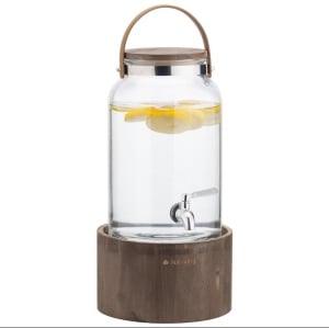 Navaris dozator bauturi 5.6L, suport lemn, robinet inox, maner piele, Transparent/Maro - Verificat A · Re-Bloom