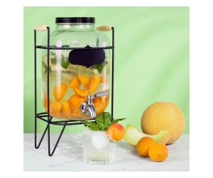 Navaris dozator bauturi sticla borosilicata rainbow irizat, 5L, Ø16x27cm, 2kg, robinet inox, stand metalic, manere lemn, rezistenta -20°C/300°C, transparent/rainbow - Verificat A · Re-Bloom - Img 3