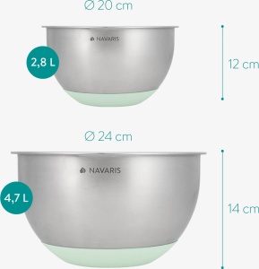 Navaris set 2 boluri otel inoxidabil cu capace + 3 razatoare, bol mediu Ø20x12cm 2.8L + bol mare Ø24x14cm 4.7L, compatibil masina de spalat vase, argintiu/verde menta - Verificat A · Re-Bloom - Img 3