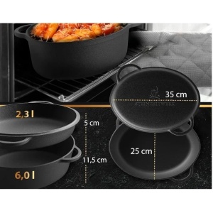 Oala cu capac din fonta, 6 l, 2in1, pentru cuptor, plita, gaz, electric, cu inductie, ovala, 35x25x17 cm, Negru, Resigilat, Grad A - Img 2