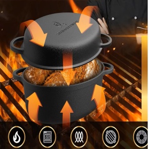 Oala cu capac Steinzeitwerk din fonta, 6 l, 2in1, pentru cuptor, plita, gaz, electric, cu inductie, ovala, 35x25x17 cm, Negru, Resigilat, Grad A - Img 3