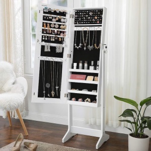 Oglinda de podea cu suport Songmics, din MDF, spatiu de depozitare, 41x37x152 cm, alb, Resigilat, Grad A