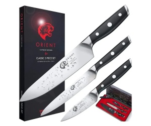 Orient Carbon Series set 3 cutite bucatarie, otel inoxidabil german X50 Ultra+ 56HRC, cutit bucatar 20cm + utilitar 15cm + legume 9.5cm, capace protectie incluse, negru - Verificat A · Re-Bloom - Img 1