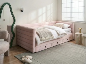 Produs Resigilat Canapea extensibila cu depozitare Re-Bloom Meudon, catifea/placaj/MDF, 235x105-180x75 cm, somiera 16 lamele, suprafata dormit 90-180x200 cm, 150 kg, roz pastel - Verificat A - Img 2