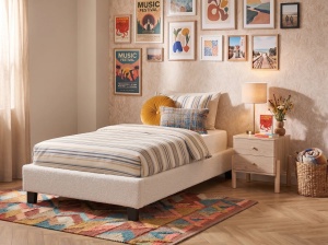 Produs Resigilat Pat fara tablie Re-Bloom Roanne, 90x200 cm, lemn/textil/placaj plop, somiera 13 lamele arc, 300 kg, bej deschis - Verificat A - Img 6