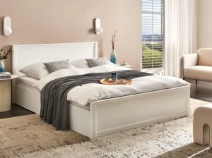 Produs Resigilat Pat matrimonial Re-Bloom Lambres, 160x200 cm, lemn de pin/textil/MDF, somiera 26 lamele, tablie 170x93 cm, 200 kg, alb - Verificat A - Img 2