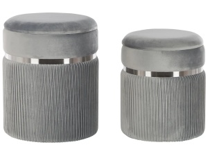 Produs Resigilat Set 2 tabureti Re-Bloom Camdenton catifea cu depozitare, rotunde, 36x44 si 31x38 cm, spuma 25 kg/m3, benzi metalice lucioase, 150 kg, gri deschis - Verificat A