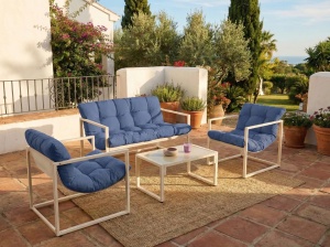 Produs Resigilat Set mobilier de gradina Re-Bloom Garda 4 locuri, otel/sticla securizata/textil, masa 68x42x35 cm, canapea+2 fotolii+perne, 120 kg/persoana, albastru/alb - Verificat A - Img 3