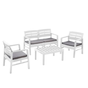 Progarden set mobilier gradina Java 4 piese, polipropilena, canapea 2L 121x58x74 cm + 2 scaune 63x58x74 cm + masa 74x55x38 cm, perne incluse, alb - Verificat A · Re-Bloom