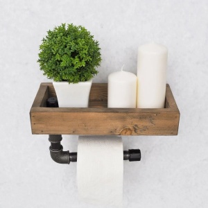 Raft perete baie industrial 28x16x14 cm, lemn molid masiv lucrat manual, suporti teava metal, nuc/negru - Verificat A · Re-Bloom - Img 5