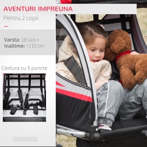 Remorca bicicleta pentru copii Re-Bloom, 2 in 1, otel/tesatura oxford, rosu/gri/negru, 142 x 75 x 101 cm, Resigilat, Grad A - Img 5
