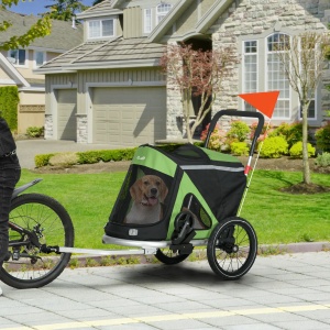 Remorca de bicicleta 2in1 carucior pentru caini pliabil, aluminiu/tesatura Oxford, 150x68x95 cm pliat 94x43x20 cm, roti 6"/16", capacitate 30kg, potrivita caini pana la 20kg/49cm, verde/negru - Verificat A · Re-Bloom - Img 2