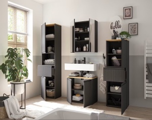 Rookerie dulap de baie 60x136x31 cm, 2 usi, 1 sertar, 2 rafturi, MDF/PAL negru mat cu accente stejar - Verificat A · Re-Bloom - Img 3