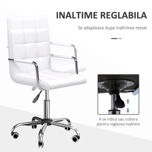 Scaun birou alb captusit, reglabil pe inaltime, roti antiderapante, piele PU, fier zincat, 52.5x54x84-99cm - Verificat A · Re-Bloom - Img 4