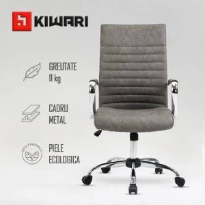 Scaun birou, spatar inalt, cadru cromat, brate fixe cu perne PU, mecanism tip fluture, baza cromata, rotile din nylon, Gri, Resigilat, Grad A - Img 2