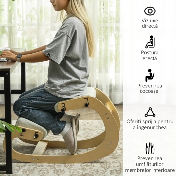 Scaun ergonomic activ reglabil 6 pozitii 55x85x55 cm, tapiterie tip in 100% poliester, lemn de mesteacan, perna 7.5 cm, crem - Verificat A · Re-Bloom - Img 2