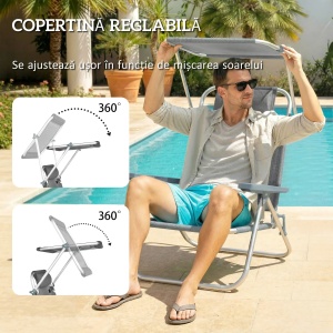 Scaun plaja pliabil reclinabil, copertina reglabila detasabila, tetiera, aluminiu, 62x68x79cm, Gri - Verificat A · Re-Bloom - Img 6