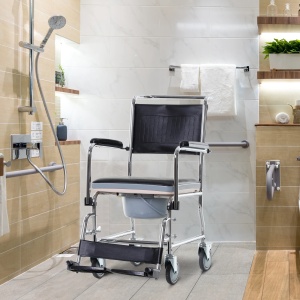 Scaun WC cu Rotile Re-Bloom, pentru varstnici/persoane cu dizabilitati, aluminiu/HDPE/PP/piele ecologica, albastru/alb/argintiu, 84 x 54 x 96 cm, Resigilat, Grad A - Img 4