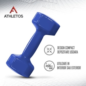 Set 2 gantere, 2 x 2 kg, interior fonta, acoperire vinil, forma hexagonala, pentru antrenament cu greutati si fitness, Albastru, Resigilat, Grad B - Img 4