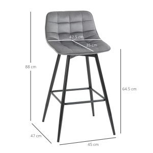 Set 2 scaune de bar stil nordic cu spatar si suport picioare, poliester/metal, 45x47x88 cm, sezut 42x35cm/inaltime 64.5cm, spatar 42.5x22.5cm, capacitate 120kg, gri/negru - Verificat A · Re-Bloom - Img 3