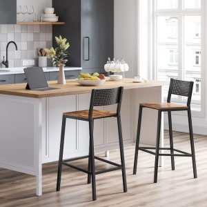 Set 2 scaune de bar Vasagle, inalte cu spatar, cadru metalic, sezut MDF, industrial, 51x43x97cm, maro rustic si negru, Resigilat, Grad A - Img 3