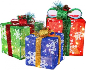 Set de 3 cutii pentru cadouri cu 48 LED-uri Gresonic, metal/textil, 18 x 18 x 18 cm / 15 x 15 x 15 cm / 13 x 13 x 13 cm - Img 1